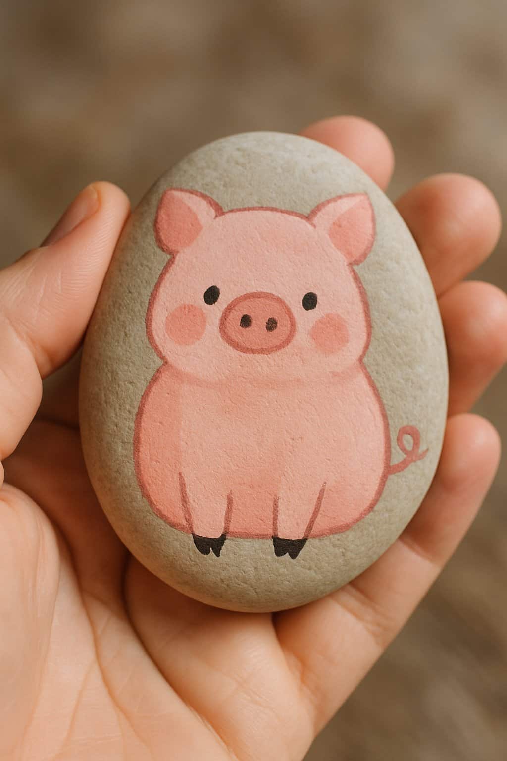 A hand holding a smooth oval rock painted with a simple pig design.