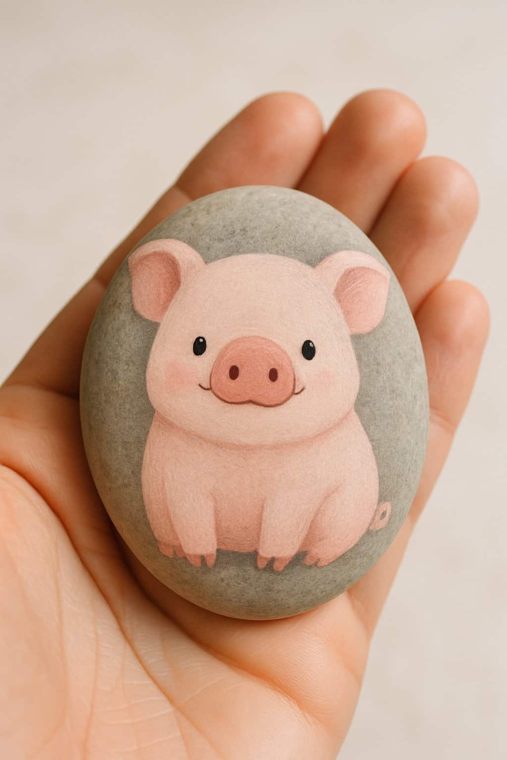 A hand holding a smooth river rock painted with a simple pig design.