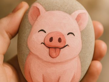A hand holds a smooth stone painted with a cute, smiling pink pig with its tongue sticking out and eyes closed in a cheerful expression.