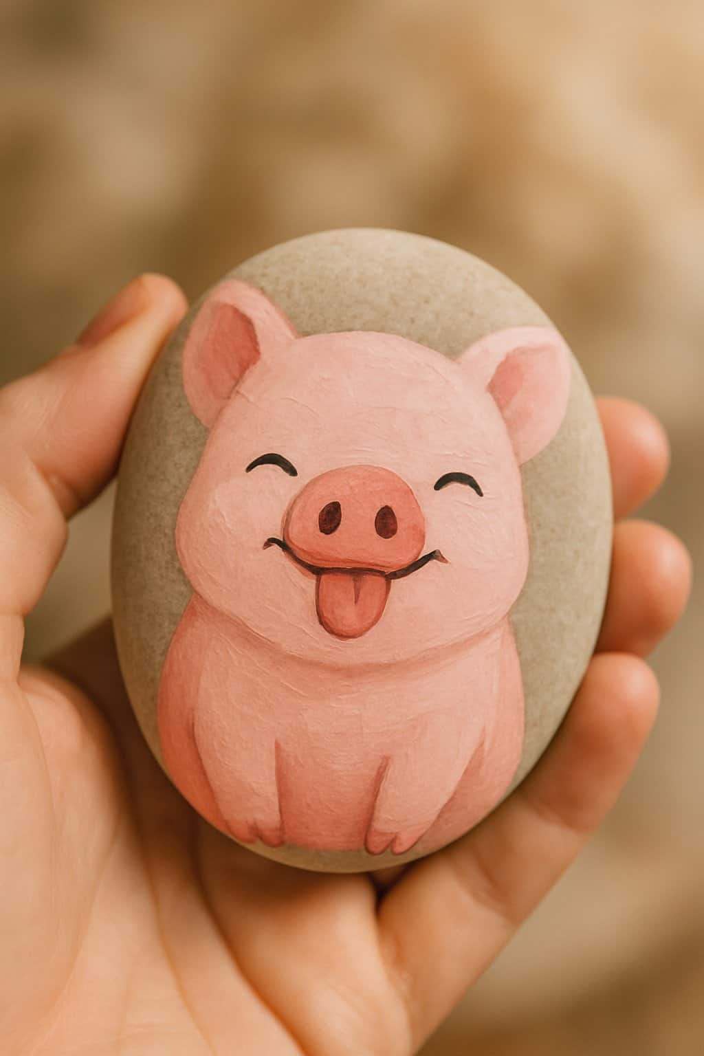 A hand holding a smooth river rock painted with a simple pig design showing its tongue sticking out.