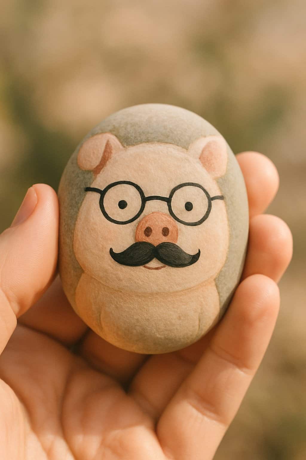 A hand holding a smooth river rock painted with a pig wearing glasses and a mustache.