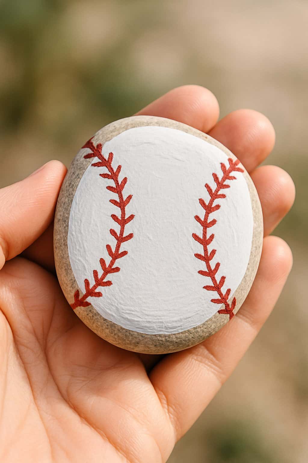 A hand holding a smooth river rock painted with a simple baseball home plate design.