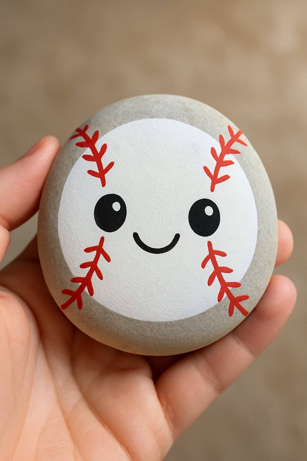A hand holding a smooth river rock painted with a smiling baseball face.