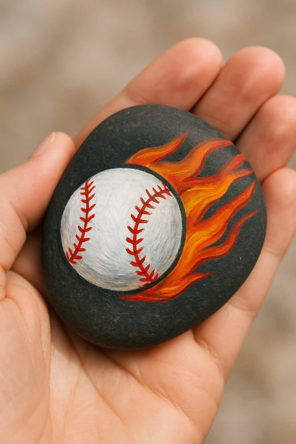 A hand holding a smooth river rock painted with a baseball and flame trails design.