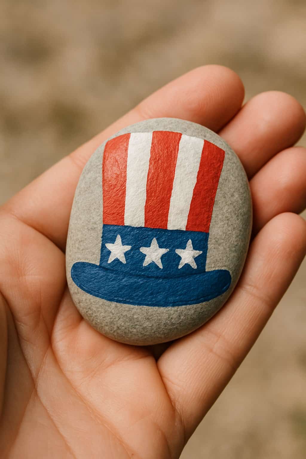 A hand holding a smooth river rock painted with red, white, and blue colors in a design resembling an Uncle Sam hat.