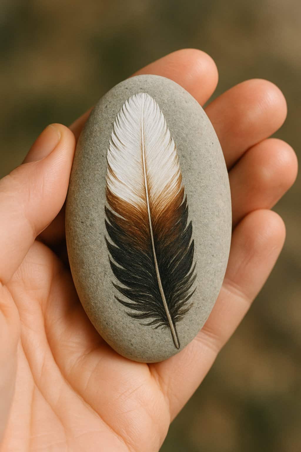 A hand holding a smooth river rock painted with a bald eagle feather design.