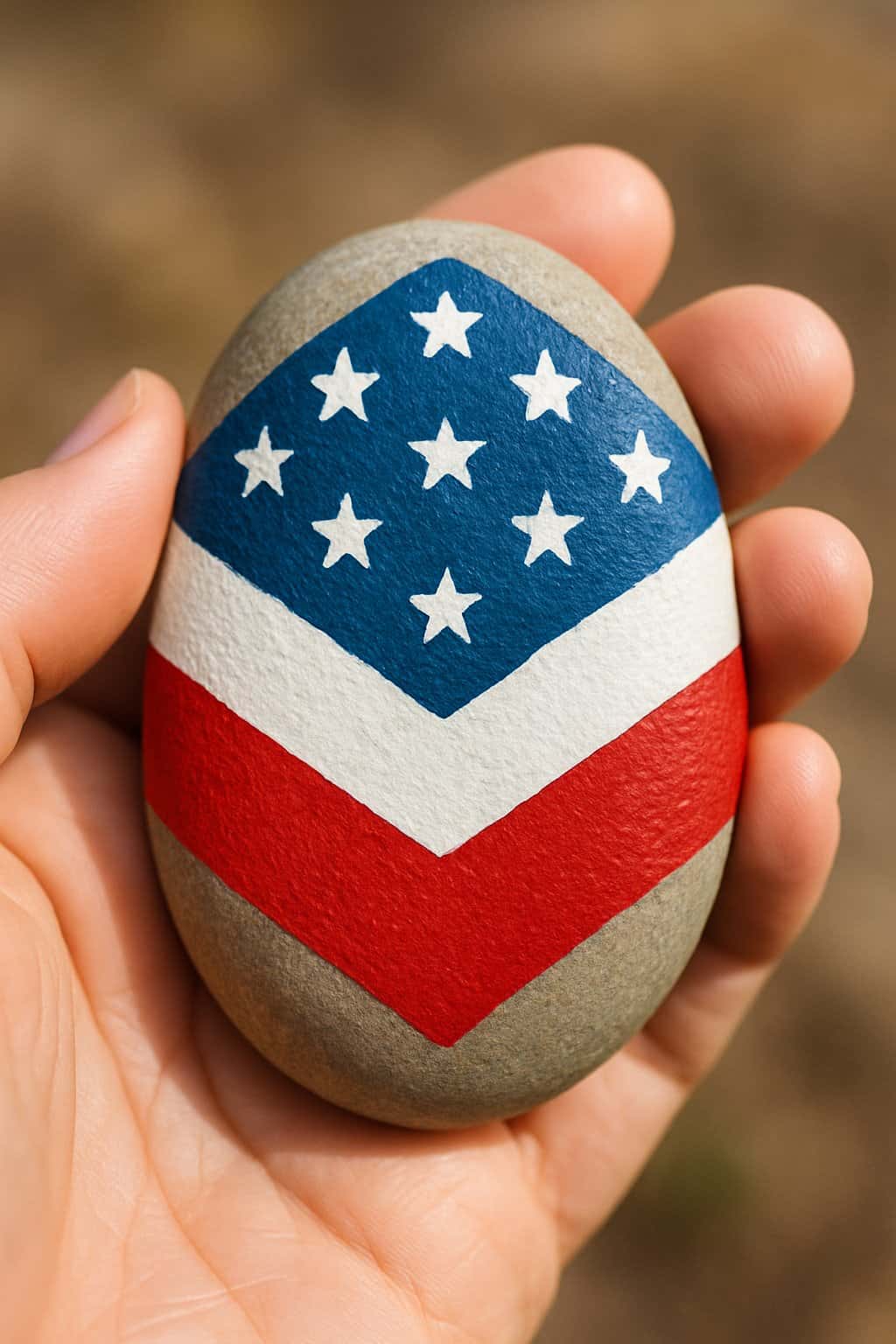 A hand holding a smooth river rock painted with an American flag chevron pattern.