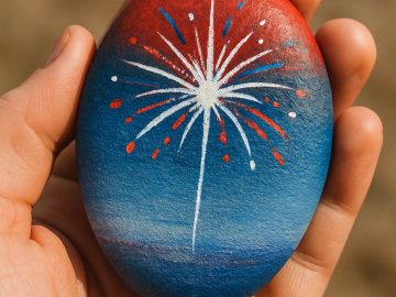 A hand holds a smooth stone painted red and blue, featuring a white firework with red and blue accents bursting in the center. The background is out of focus.