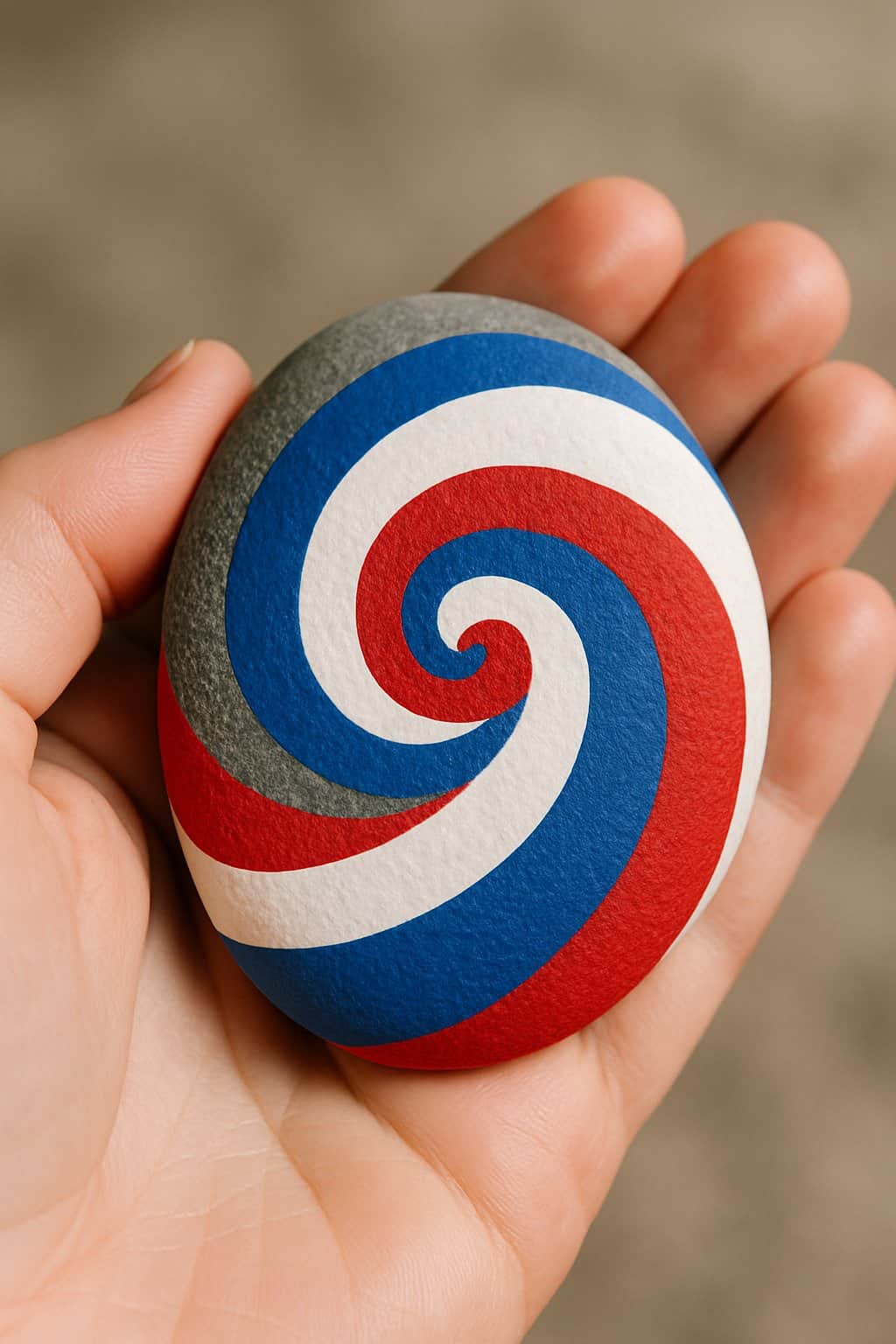 A hand holding a smooth river rock painted with red, white, and blue swirl design.