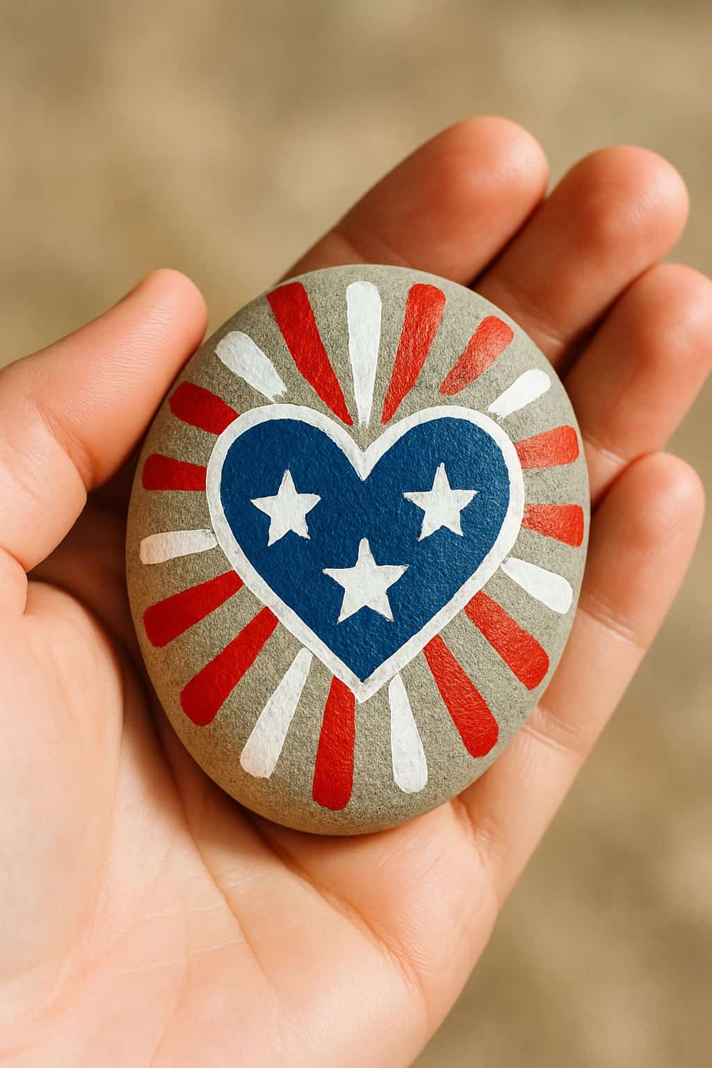 A hand holding a smooth river rock painted with a red, white, and blue heartburst design.