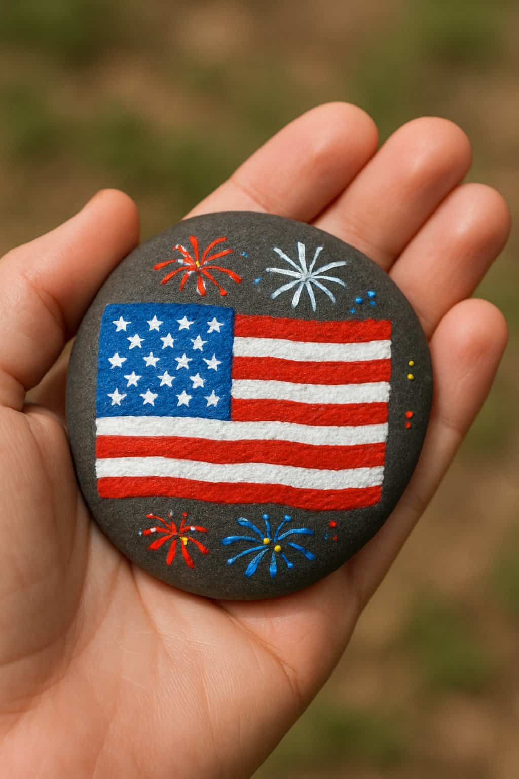A hand holding a smooth river rock painted with the USA flag and colorful fireworks.