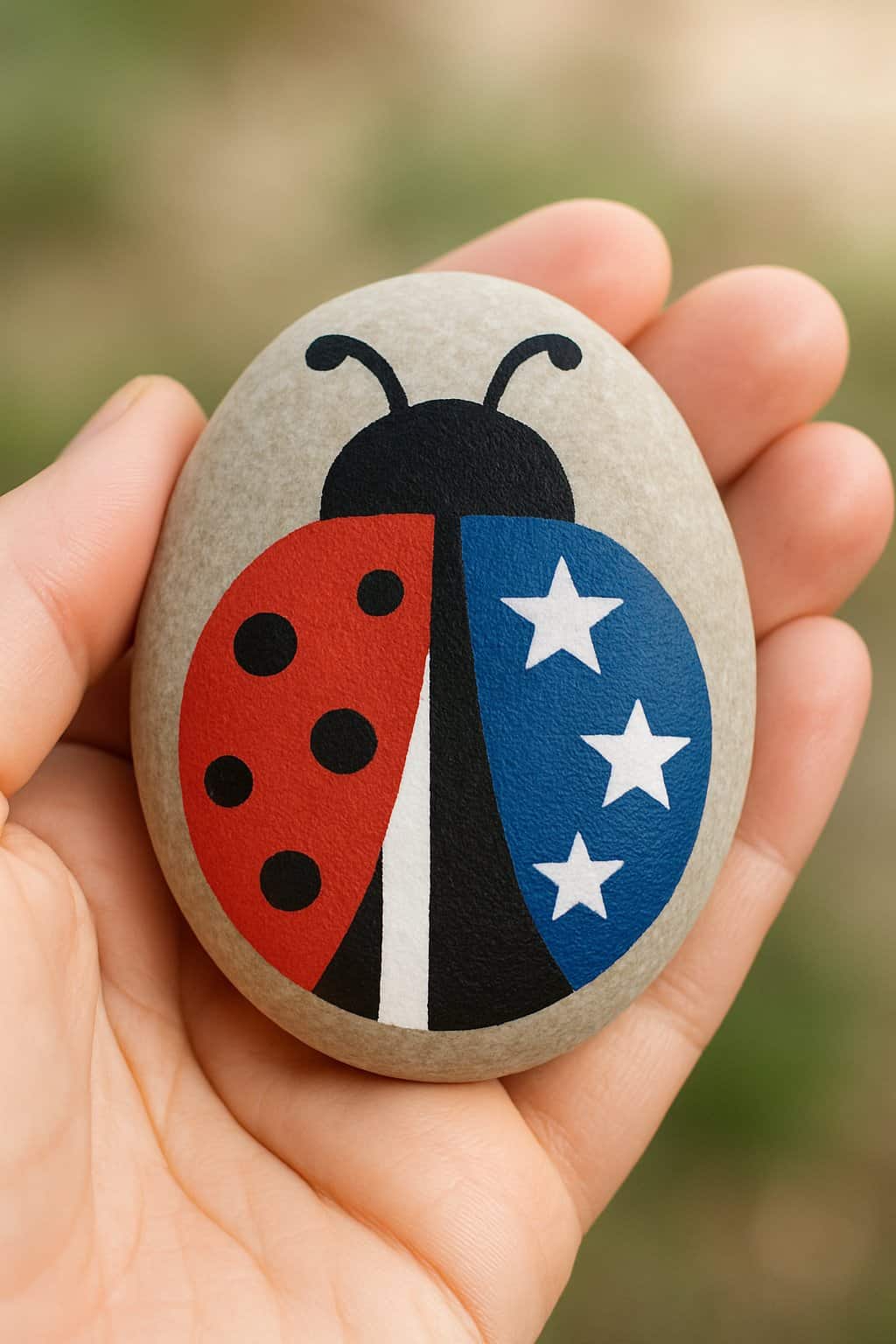 A hand holding a smooth river rock painted with a red, white, and blue ladybug design.