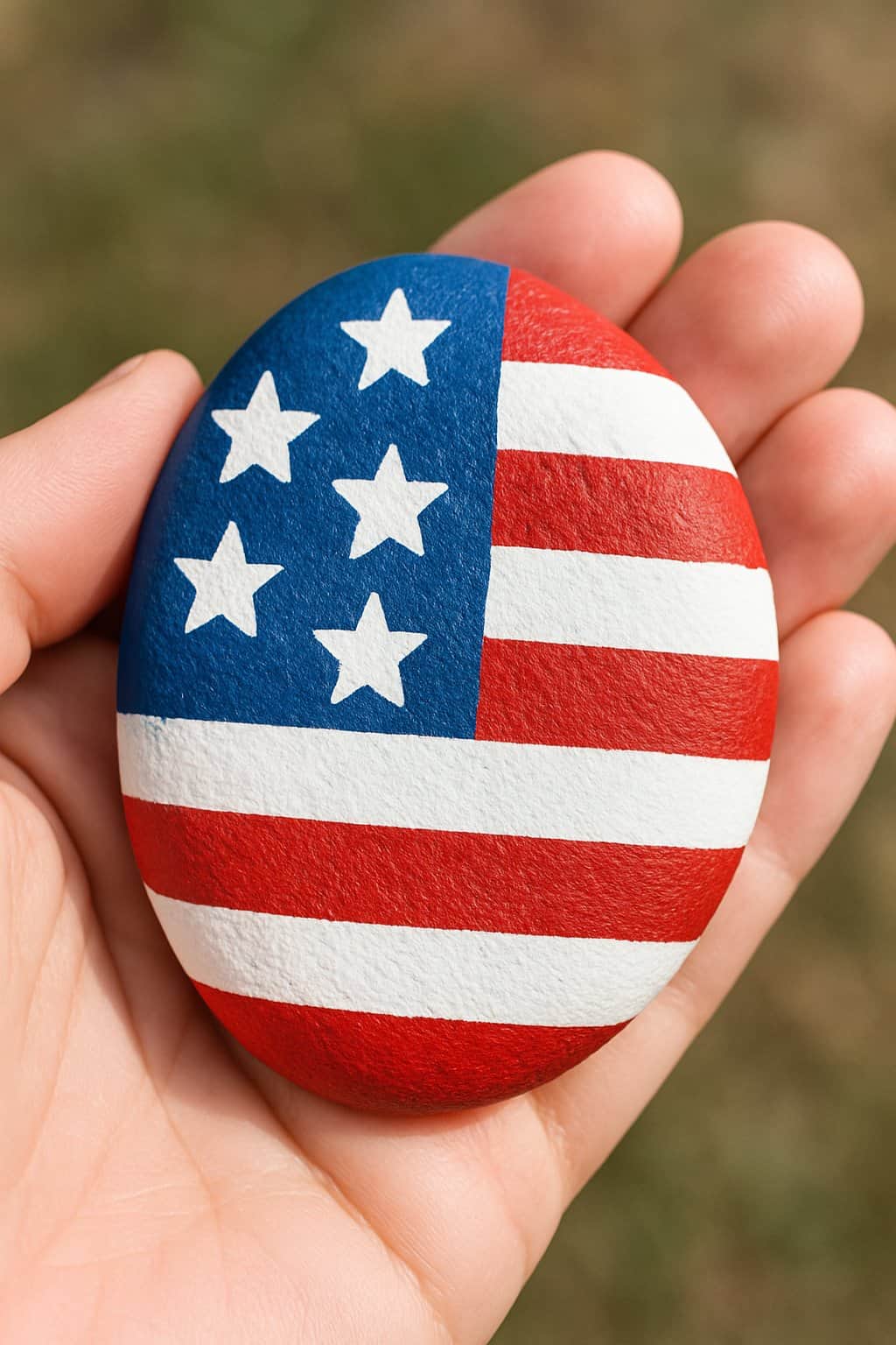 A hand holding a smooth river rock painted with red, white, and blue patriotic designs.
