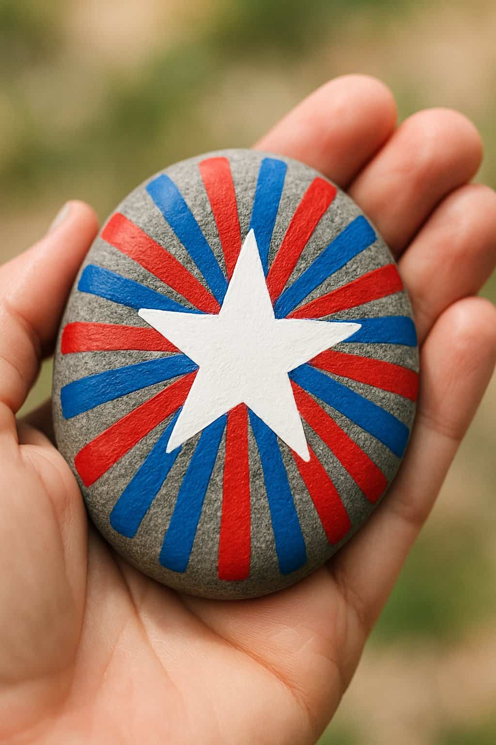 A hand holding a smooth river rock painted with a red, white, and blue starburst design.