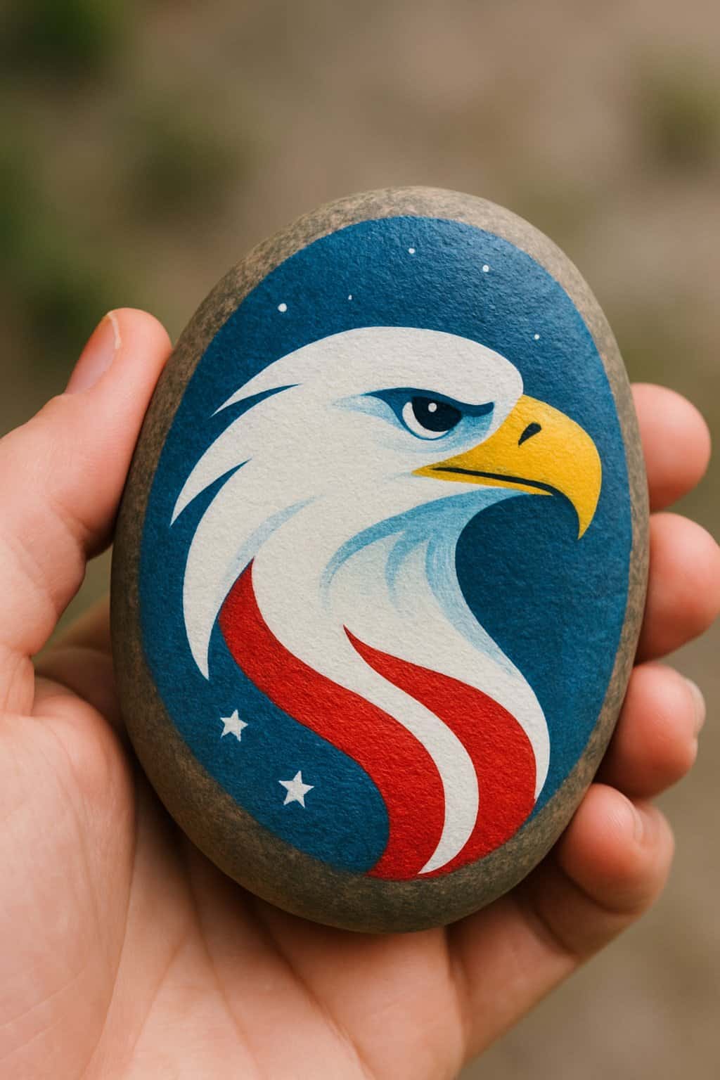 A hand holding a smooth river rock painted with an eagle head in flight design.