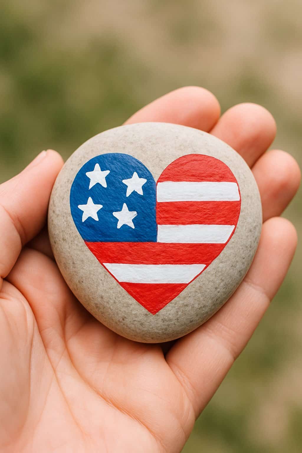 A hand holding a smooth river rock painted with a patriotic heart design featuring red, white, and blue colors.