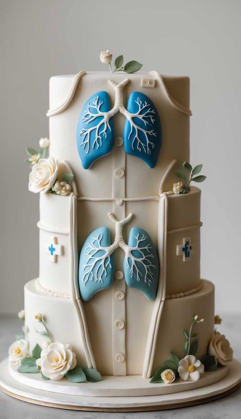 A tiered chest-shaped cake with realistic sugar lungs made of fondant, decorated with buttercream and edible medical-themed decorations on a clean background.