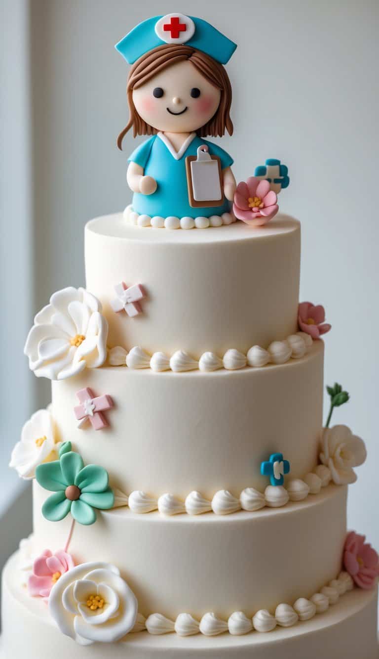 A tiered cake with a fondant cartoon nurse holding a clipboard, decorated with buttercream frosting and edible decorations, photographed against a plain background.