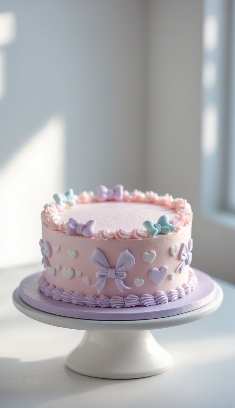 A mini round cake with pink frosting and delicate decorations on a white cake stand on a clean surface against a plain background in a bright kitchen.