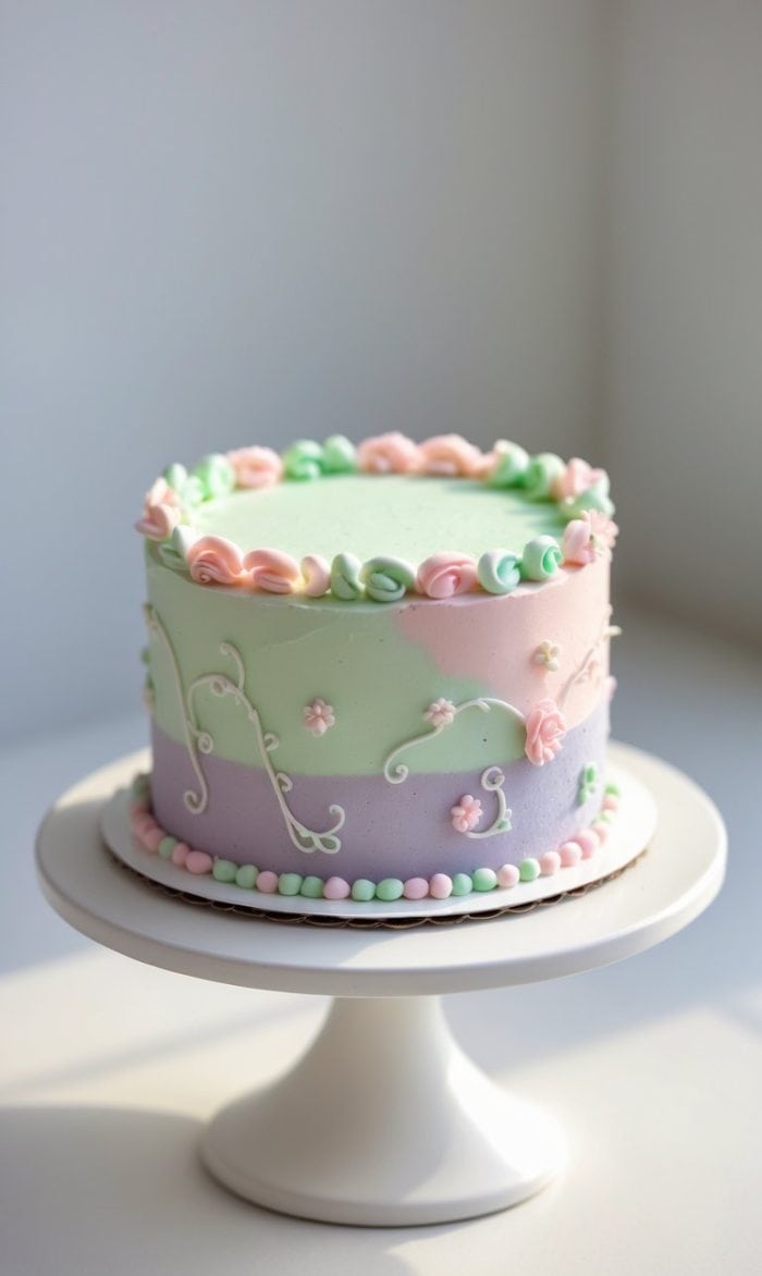 A pastel-colored cake decorated with pink, green, and purple icing, floral designs, and small icing beads, displayed on a white cake stand in soft natural light.
