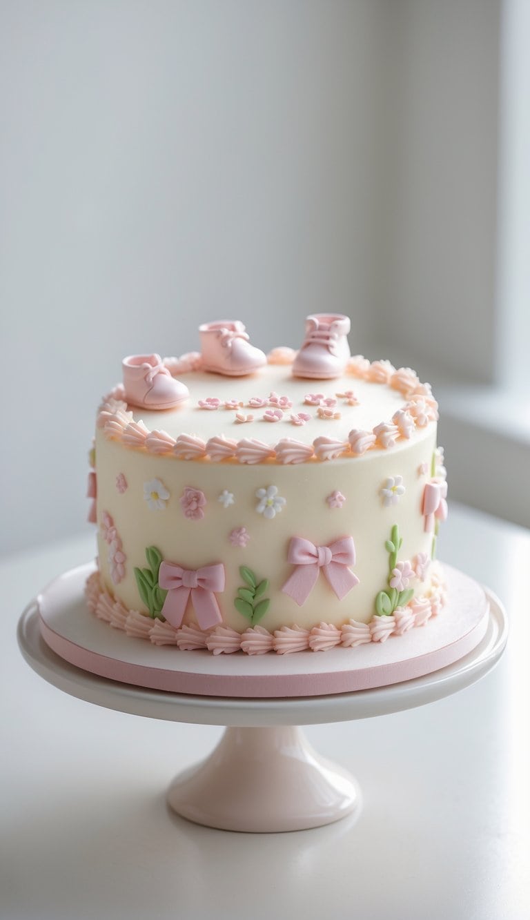 A mini cake decorated with pastel pink and white frosting sits on a cake stand on a clean surface against a plain background in a bright kitchen.