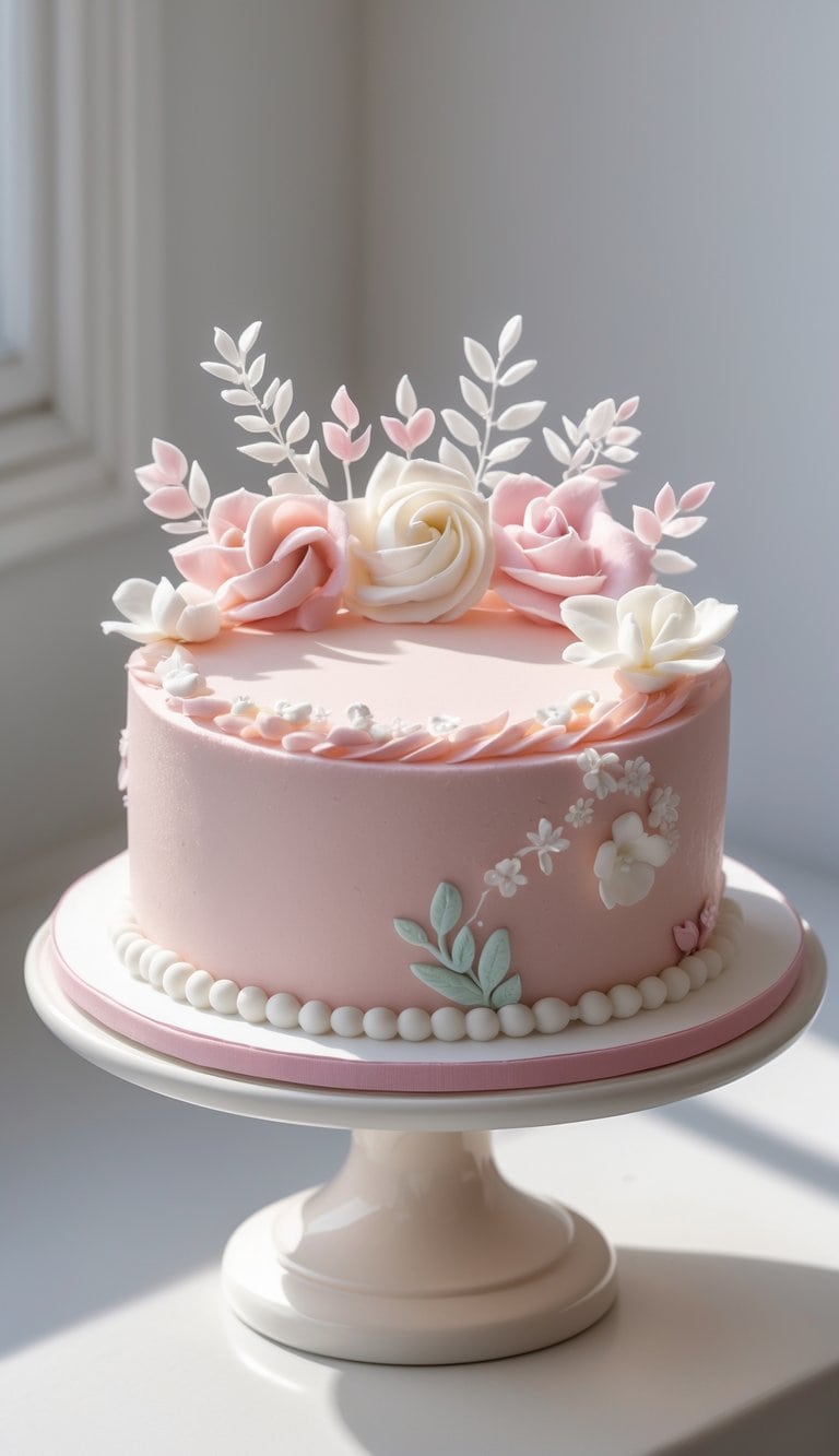 A mini round cake with pink frosting and small sugar flowers on a cake stand on a clean surface in a bright kitchen.