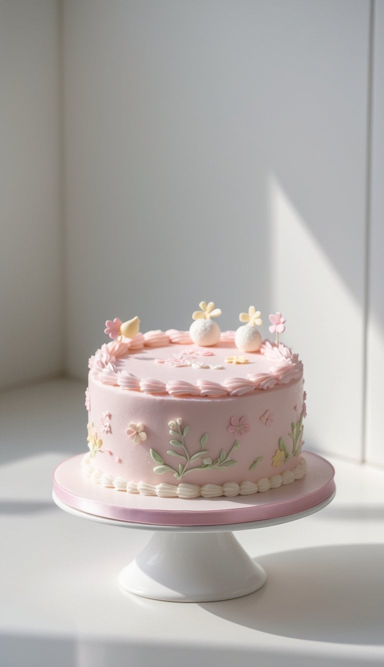 A mini round cake with smooth pink frosting and delicate decorations sits on a cake stand on a clean surface in a bright kitchen.