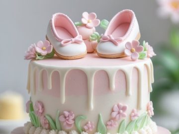 A pastel pink and white cake decorated with fondant flowers and topped with pink baby shoe decorations, displayed on a white cake stand.