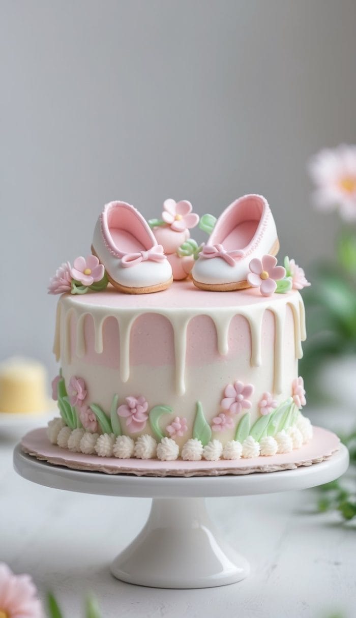 A pastel pink and white cake decorated with fondant flowers and topped with pink baby shoe decorations, displayed on a white cake stand.