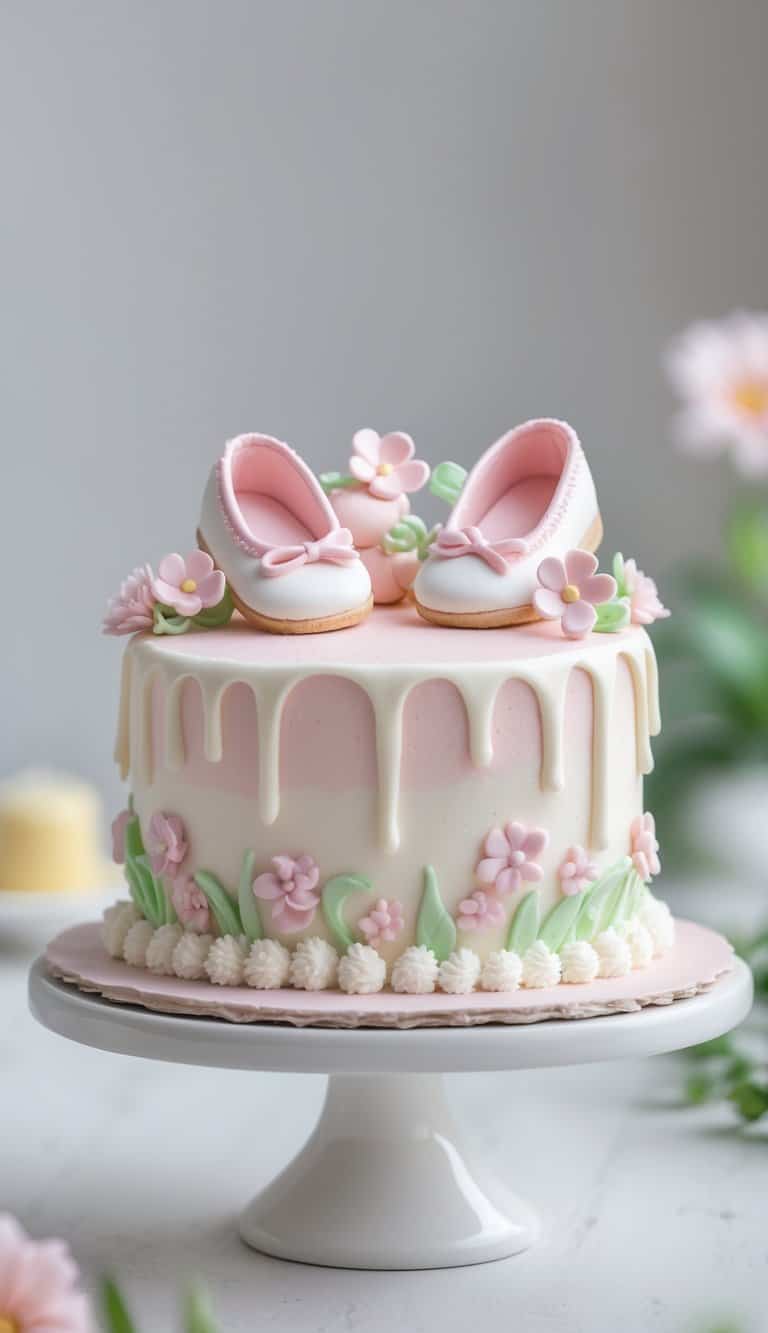 A mini cake with pastel pink and white frosting decorated with small flowers and baby shoes, placed on a white cake stand on a clean surface in a bright kitchen.