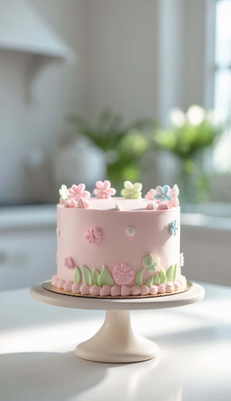 A mini cake with pink frosting and decorative flowers on a cake stand, set on a clean surface against a plain background in a bright kitchen.