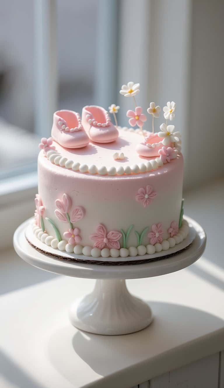 A mini round cake decorated with pastel pink and white frosting and small edible decorations, placed on a cake stand on a clean surface against a plain background in a bright kitchen.