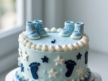 A blue and white baby shower cake decorated with fondant baby shoes, stars, and footprints, displayed on a white cake stand by a window.