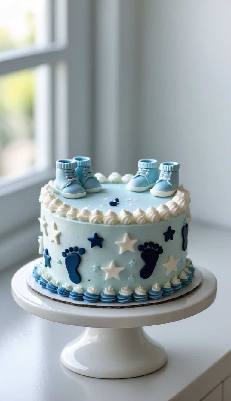 A mini baby boy-themed cake on a cake stand, placed on a clean surface in a bright kitchen with a plain background.