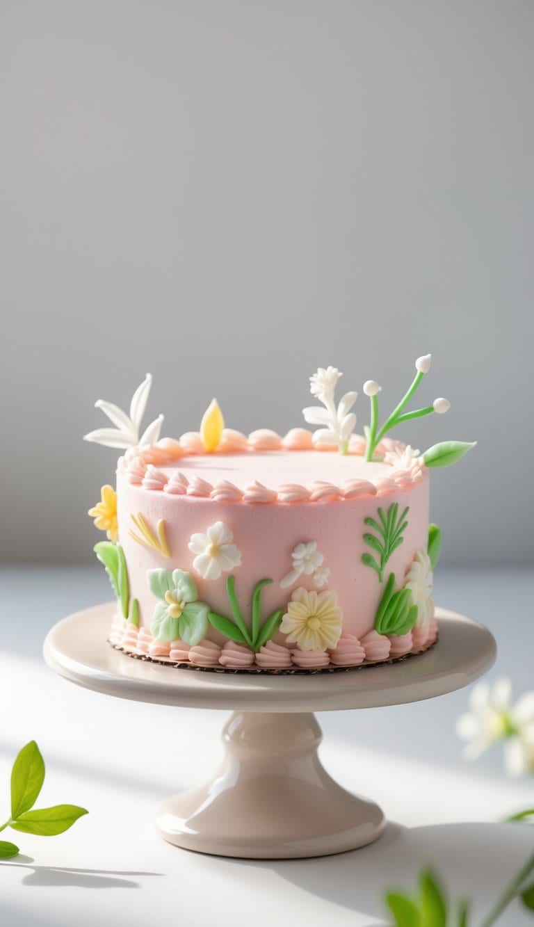 Mini round cake with pastel pink frosting and delicate floral decorations on a cake stand in a bright kitchen.