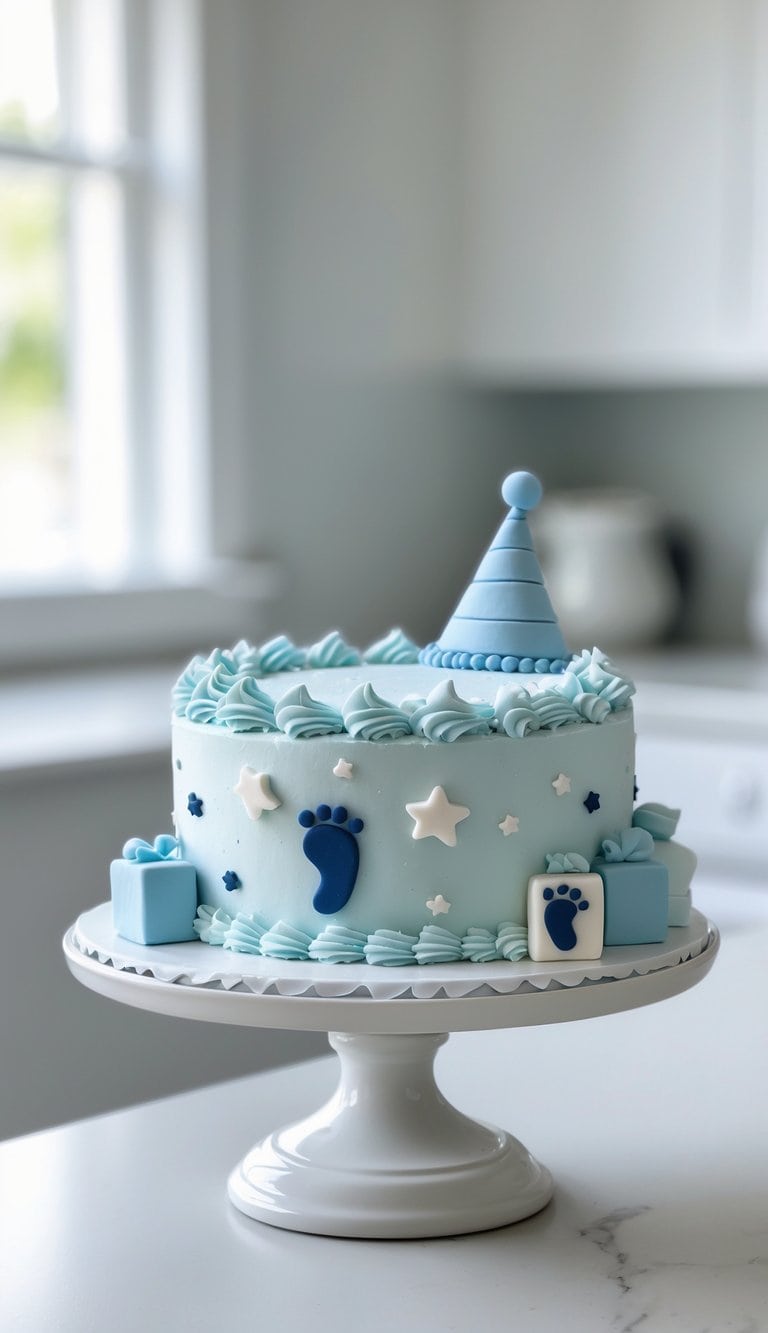 A mini round baby boy cake with blue and white decorations sits on a white cake stand on a kitchen countertop against a plain background.