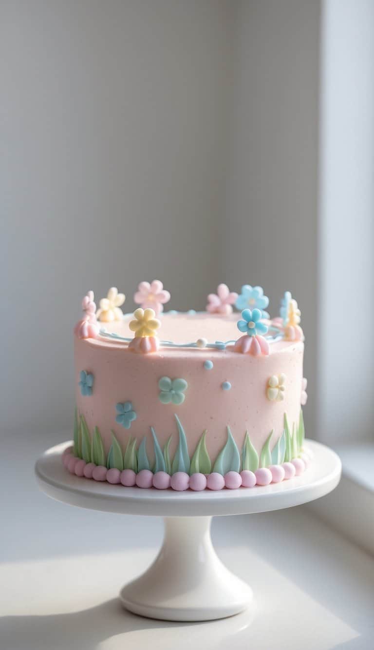 A mini cake on a white cake stand on a clean surface with a plain background in a bright kitchen.