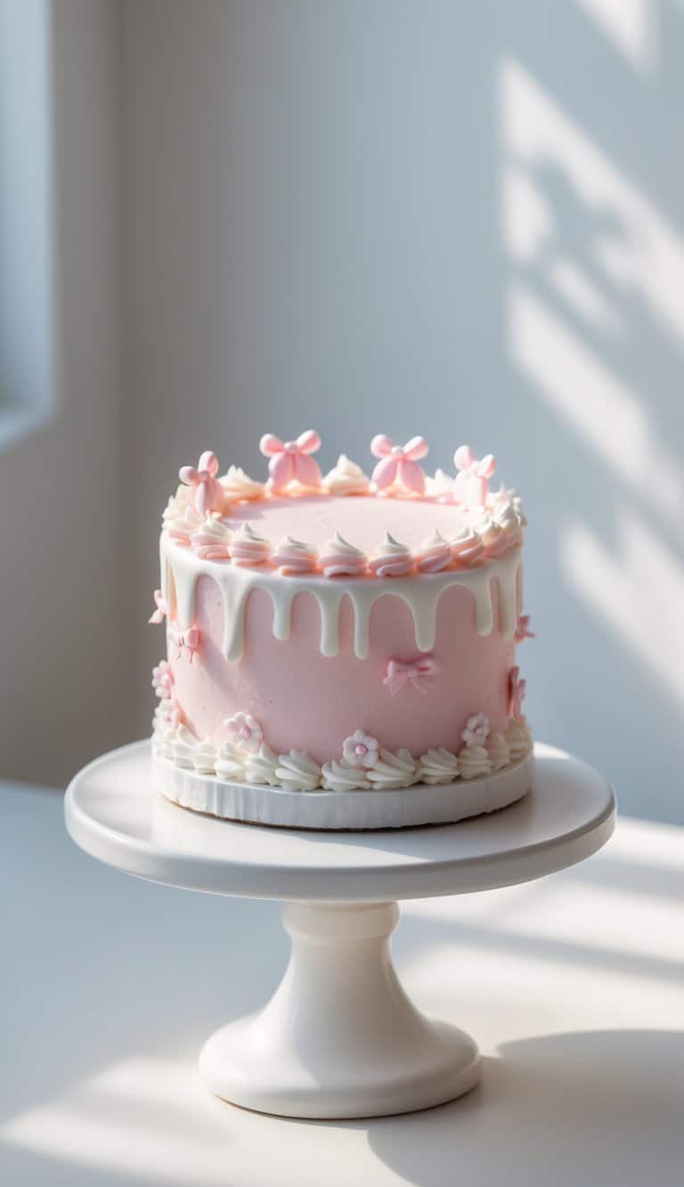 Mini cake with pink frosting and delicate decorations on a cake stand on a clean surface in a bright kitchen.