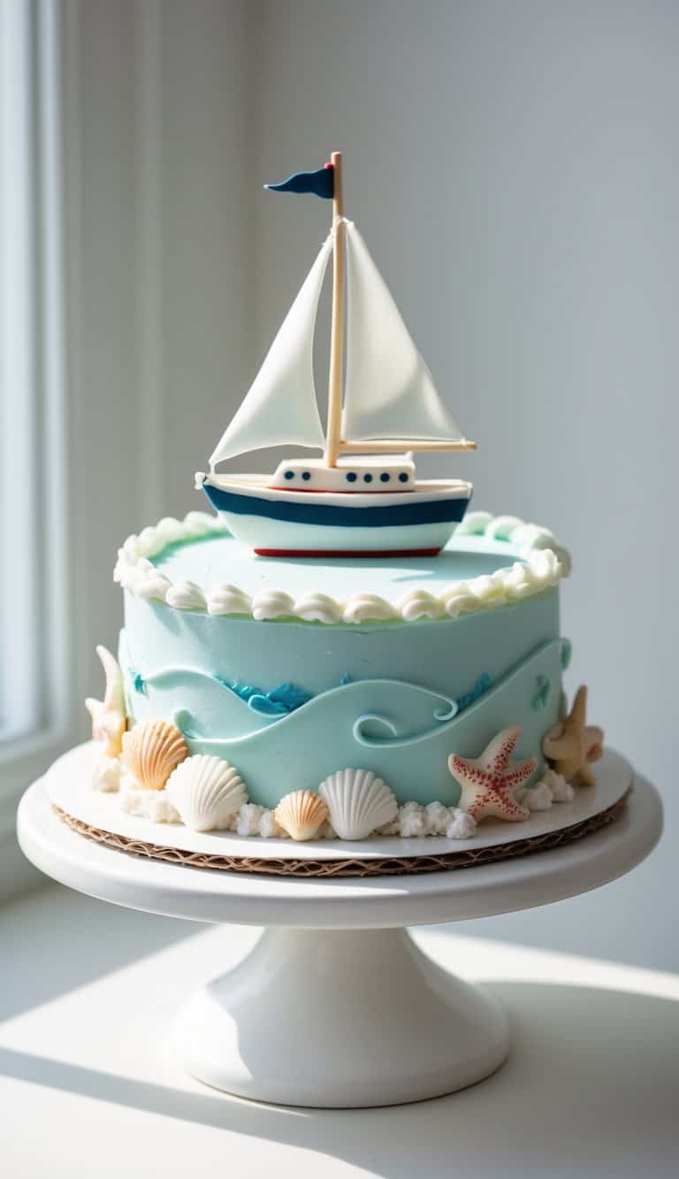 Mini cake with a sailing boat topper on a white cake stand against a plain background in a bright kitchen.