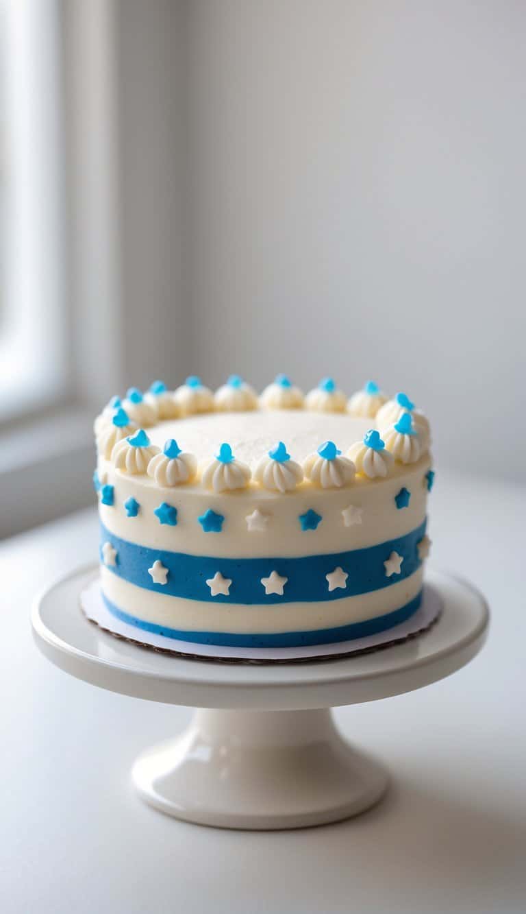Mini cake with blue and white striped frosting and star decorations on a cake stand in a brightly lit kitchen.