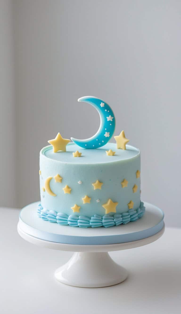 Mini cake with moon and stars decorations on a cake stand against a plain background in a bright kitchen.