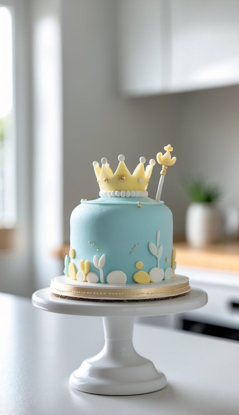 A mini round cake with blue frosting and small edible decorations shaped like a crown and scepter on a white cake stand in a bright kitchen.