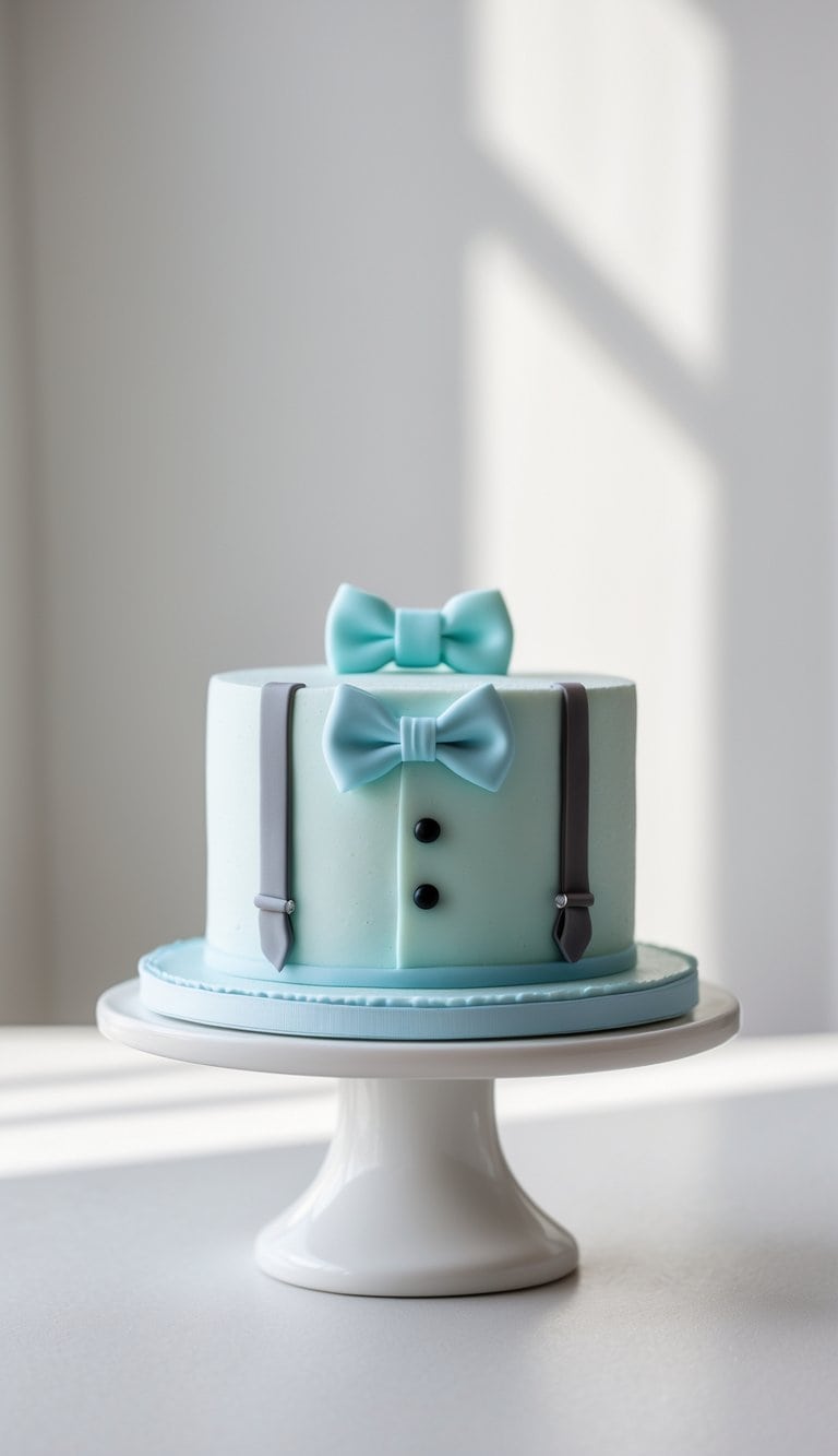 A mini cake decorated with a bow tie and suspenders design, placed on a white cake stand on a clean surface in a bright kitchen.