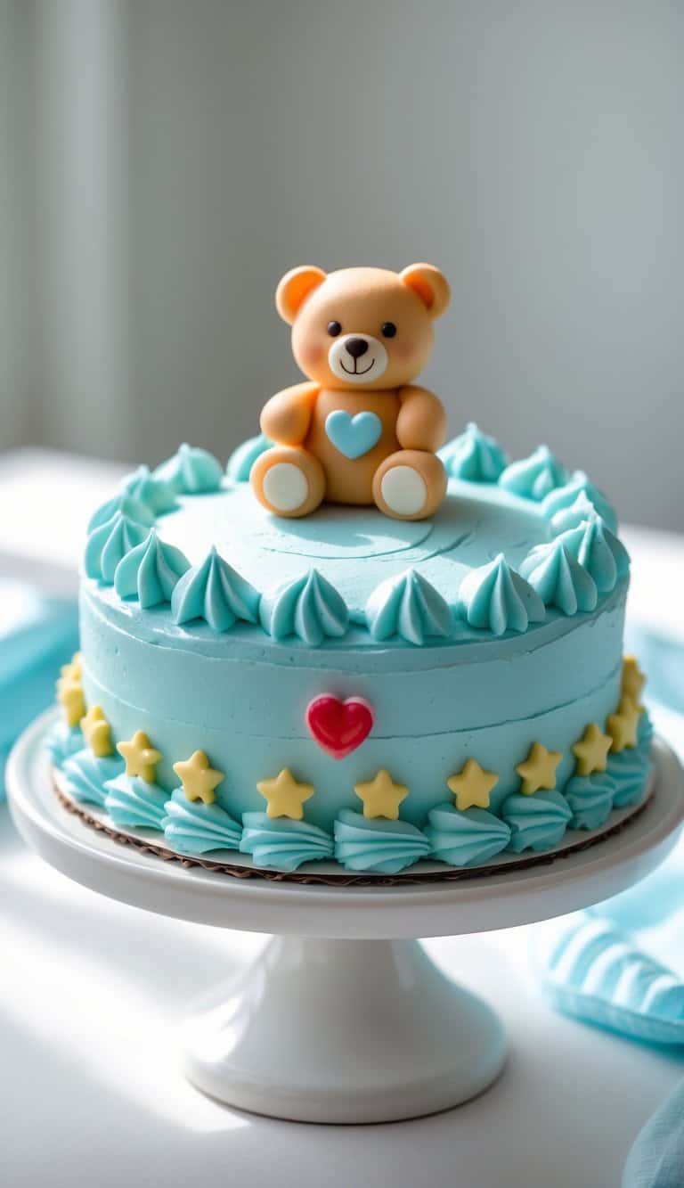 Mini round cake with a teddy bear holding a heart on top, placed on a cake stand on a clean surface in a bright kitchen.