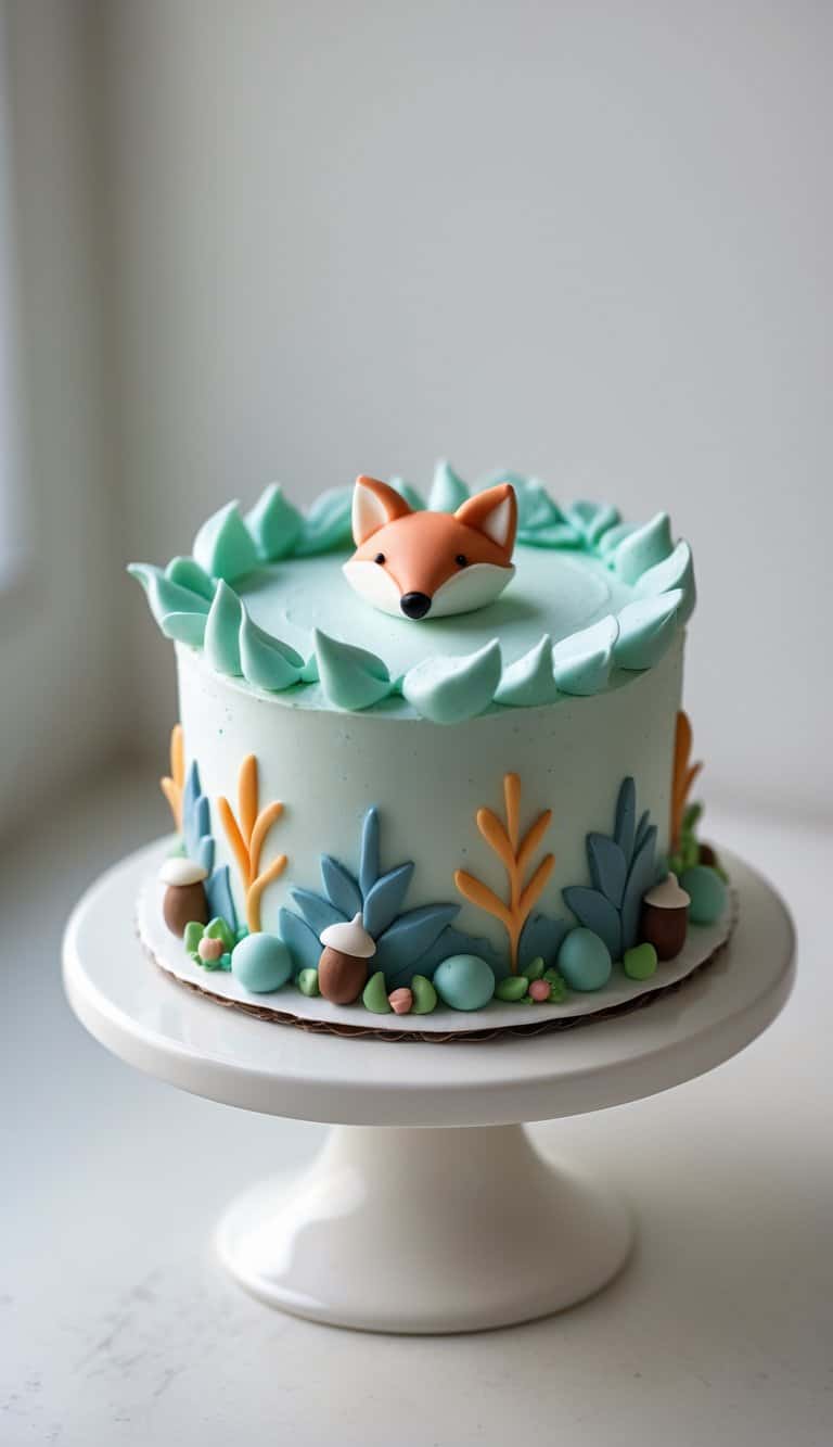 Mini cake with a little fox and forest-themed decorations on a cake stand on a clean surface in a bright kitchen.