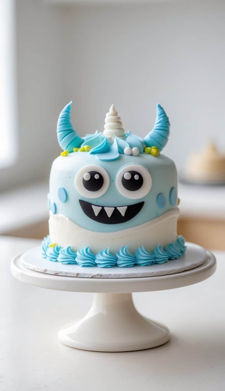 Mini cake shaped like a baby boy monster with big eyes on a cake stand in a kitchen.