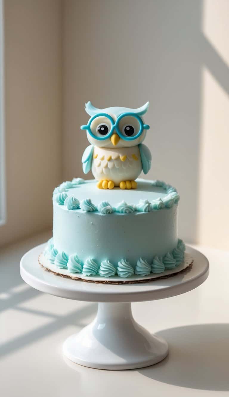 Mini round cake with blue frosting and an edible baby owl wearing glasses decoration on top, displayed on a white cake stand on a clean surface against a plain background.
