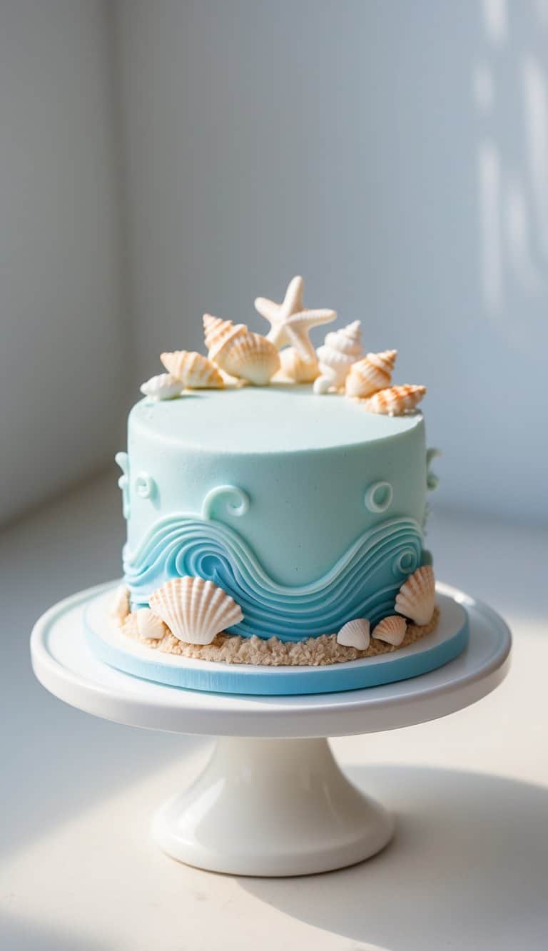 Mini round cake decorated with ocean wave patterns and seashells on a white cake stand in a bright kitchen.