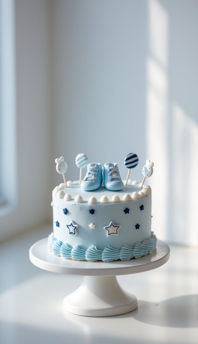 A small round cake with blue and white decorations on a white cake stand in a bright kitchen with a plain background.
