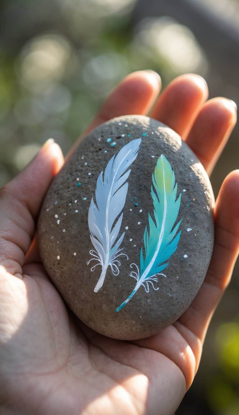 A hand holding a smooth painted river rock with a delicate feather design.
